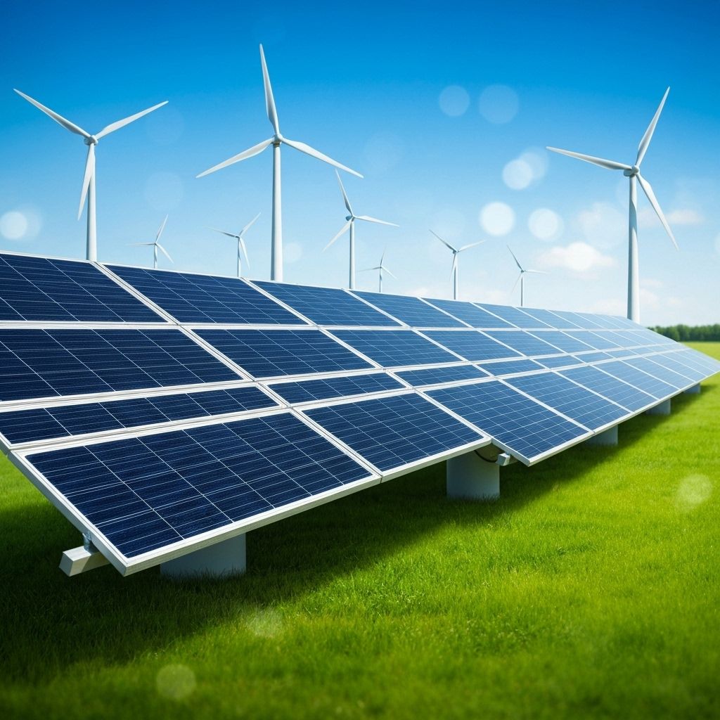 Renewable energy solutions - solar panels and wind turbines in green landscape